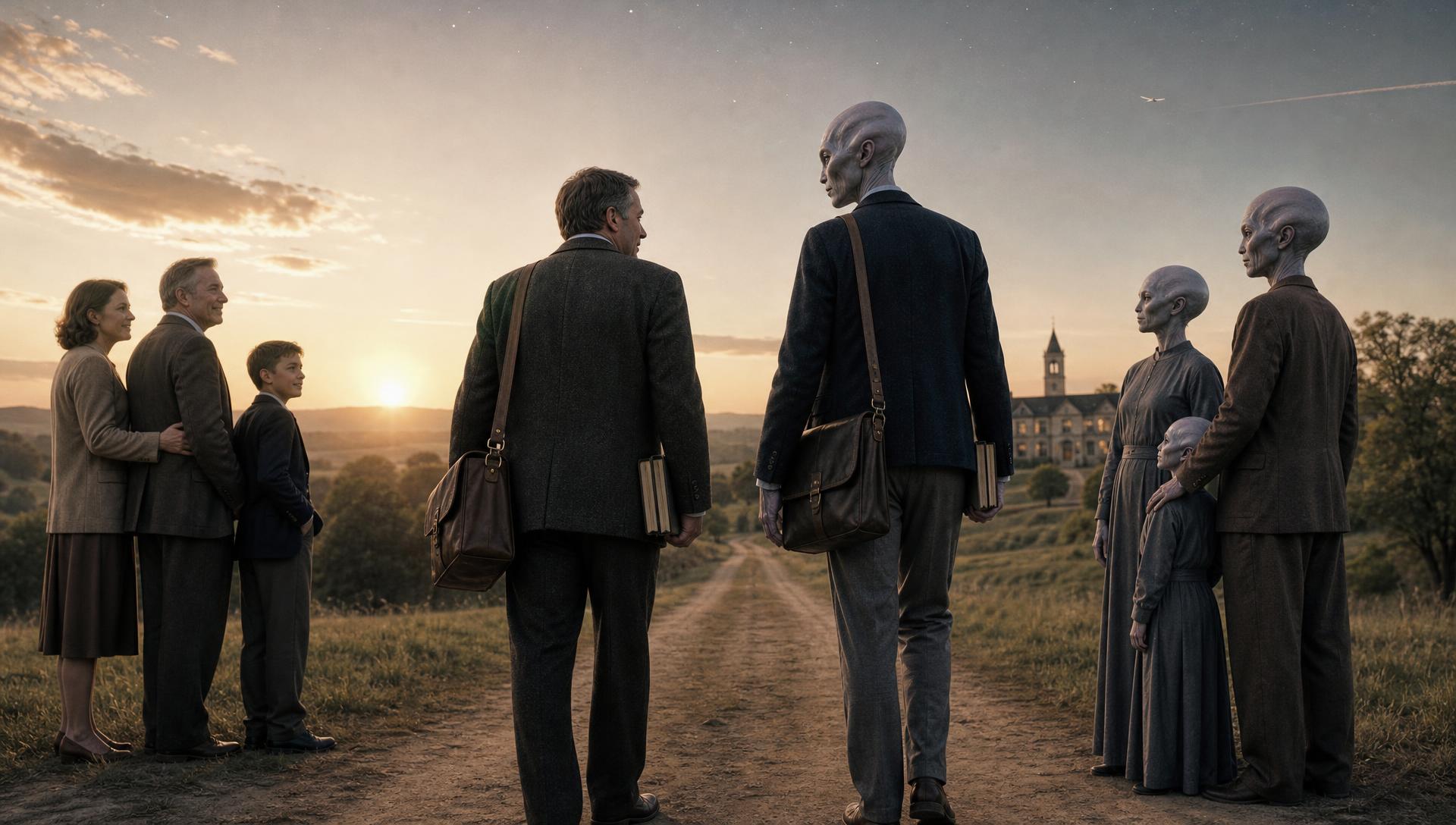 A middle-aged human student and an extraterrestrial student walk a country road toward a rural academy at sunset, watched by their families